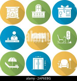 Apartment amenities modèle plat long shadow glyphe icons set. Accueil, Ascenseur ascenseur, package service. Balcon, cheminée. Mobilier d'extérieur, plage Illustration de Vecteur