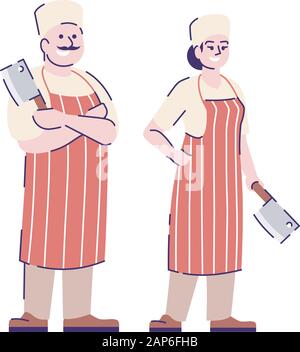 Deux bouchers vecteur télévision caractères. Chef de restaurant, boucherie, les travailleurs professionnels cartoon illustration avec contour. L'homme et la femme avec cuisine Illustration de Vecteur