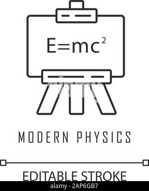 La physique moderne l'icône linéaire. Théorie de la relativité et la mécanique quantique. Formule d'Einstein sur tableau blanc. Fine ligne illustration. Symbole de contour. Vector Illustration de Vecteur