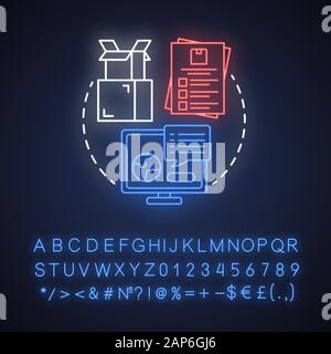 Le but de la préparation neon light concept icône. Expédition de marchandises idée. Préparation des colis pour l'expédition. Contrôle des données dans l'ordinateur. Signe rougeoyant avec alphabet, Illustration de Vecteur