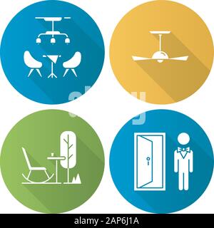 Apartment amenities modèle plat long shadow glyphe icons set.. Portier, lobby bar, piscine reste ameublement, ventilateur au plafond. Services confortables. V Illustration de Vecteur