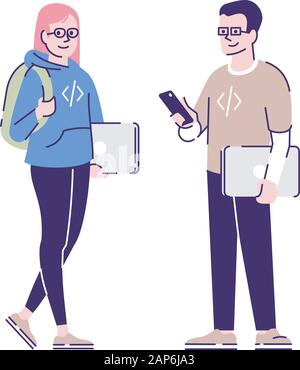 Télévision programmeurs. caractères vectoriels Les développeurs de logiciels et de sites web, geeks couple holding portables cartoon illustration avec contour. La femme et l'homme codeurs, Illustration de Vecteur