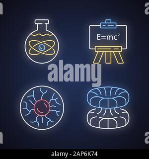 Les branches de la physique lumière néon icons set. Moderne, chimiques, de plasma et de la physique quantique. La mécanique quantique, les phénomènes physico-chimiques disciplines de l'apprentissage Illustration de Vecteur