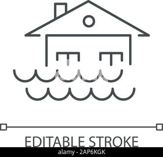 Icône linéaire d'inondation. Débordement d'eau. Chambre d'amortissement. Bâtiment submergés. Catastrophe naturelle. Fine ligne illustration. Symbole de contour. Vector isolated out Illustration de Vecteur