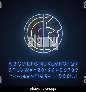 L'icône de lampe au néon de la géophysique. Étude de l'écorce terrestre et core. La structure interne et la composition de la lithosphère de la Terre. Signe éclatant avec l'alphabet, les nombres d'un Illustration de Vecteur