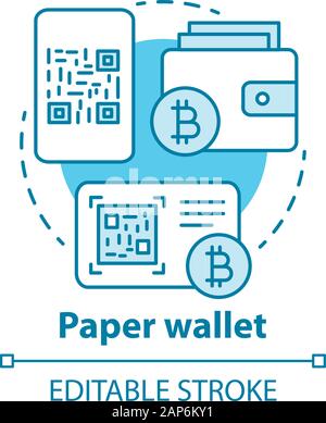 Porte-monnaie papier concept bleu icône. Stockage hors ligne Cryptocurrency idée fine ligne illustration. La copie de QR Code et clé privée sur papier. Transfert d'argent. Illustration de Vecteur