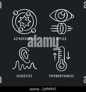 Les branches de la physique de la craie icons set. L'astrophysique, optique, d'acoustique et de la thermodynamique. Les processus physiques et les phénomènes. Des recherches scientifiques et su Illustration de Vecteur