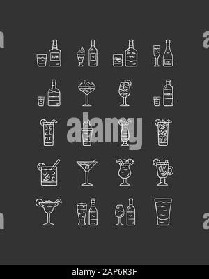 Chalk boissons icons set. Carte menu d'alcool. Boissons pour cocktails. Whisky, rhum, vin, Martini, Marguerite. Réchauffement et rafraîchissantes contenant de la l'esprit Illustration de Vecteur