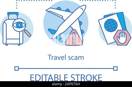 Billet d'arnaque icône. La fraude d'incident idée fine ligne illustration. Les faux billets. Vol de passeport, bagages, marchandises. Faux organismes touristiques. Illustration de Vecteur