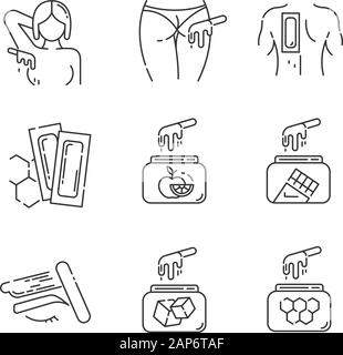 Icons set linéaire de fartage. Aisselle, fesses, dos, épilation des sourcils. Fruit, sucre la cire dans un bocal. Bandes d'épilation. Fine ligne contour des symboles. Ve isolés Illustration de Vecteur