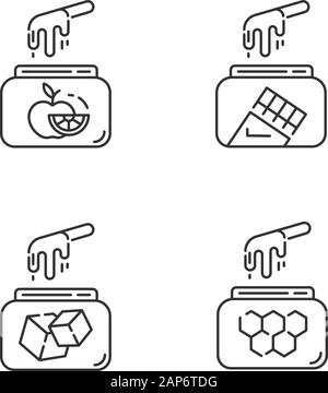 La cire froide Dur icons set linéaire. Fruits naturels, sucre, miel, cire au chocolat en pot avec la spatule. L'épilation. Fine ligne contour des symboles. V isolés Illustration de Vecteur