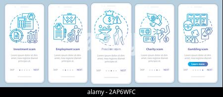 Types d'escroquerie l'écran page d'application mobile référencement modèle vectoriel. L'investissement et l'emploi de la fraude. Procédure pas à pas de site web avec illustrations linéaire. UX Illustration de Vecteur