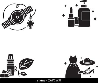 E commerce ministères glyphe icons set. Catégories d'achat en ligne. Beauté et Soins personnels. La mode. Bijoux et montres. Les produits de santé. Silhouett Illustration de Vecteur