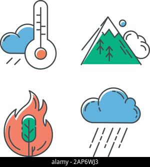 Catastrophe naturelle color icons set. Les changements climatiques mondiaux. Prévisions météo, avalanche, feu de forêt, battante. Les risques liés à l'environnement. La force destructrice de Illustration de Vecteur