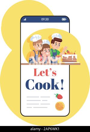 Cook application pour smartphone permet d'écran. Téléphone mobile avec l'affichage des caractères de dessin animé maquette de conception. Jeu de cuisine ?es enfants. L'école culinaire pour les enfants applicati Illustration de Vecteur