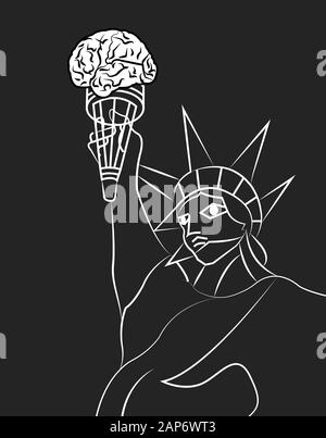 illustration de la statue de la liberté avec une torche avec un cerveau comme une flamme Banque D'Images