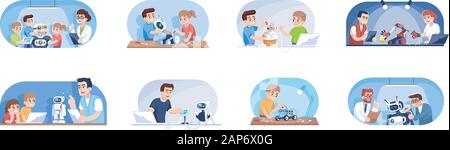 Cours de robotique télévision illustrations vectorielles. La conception de robots, de programmation et de câblages. Smart technologies. Les enfants et les adultes en informatique scien Illustration de Vecteur