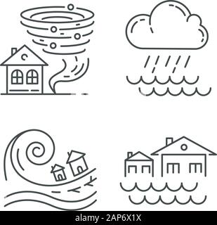 Catastrophe naturelle icons set linéaire. Les changements climatiques dangereux. Tornade, inondation, pluie diluvienne, tsunami. Fine ligne contour des symboles. Fait paraître le vecteur isolé Illustration de Vecteur