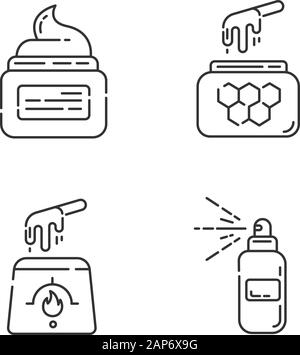 Cire naturelle icons set linéaire. Chaud, doux, le miel de la cire dans un bocal. L'équipement d'enlèvement de cheveux. Spray Corps pour l'épilation. Fine ligne contour des symboles. V isolés Illustration de Vecteur
