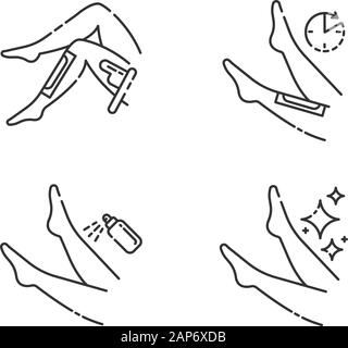 L'épilation des jambes icons set linéaire. Shin l'épilation à froid naturel, cire chaude. Corps de femme l'épilation comme suit. Fine ligne contour des symboles. V isolés Illustration de Vecteur
