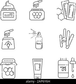 Matériel de fartage icons set linéaire. Bandes de cire miel chaud naturel avec la spatule. L'épilation. Body Lotion, spray, de l'huile. Fine ligne contour des symboles. Isolat Illustration de Vecteur