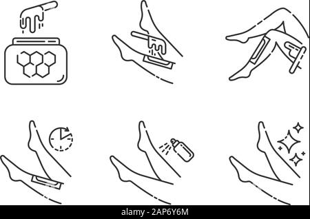Shin icons set linéaire de fartage. L'épilation des jambes avec des bandes de cire chaude de miel naturel. L'épilation du corps comme suit. Fine ligne contour des symboles. V isolés Illustration de Vecteur