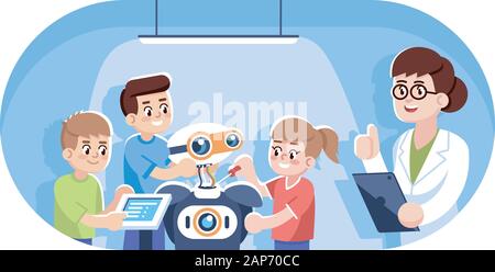 La robotique cours pour enfants télévision vector illustration. Le génie, l'informatique pour les enfants. Club après l'école. Les garçons et les filles de l'assemblage, programmi Illustration de Vecteur