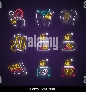 Épilation à lumière néon icons set. Aisselle, fesses, dos, épilation des sourcils. Le sucre naturel des fruits, la cire en pot. Bandes d'épilation à froid. Cosmétique professionnelle Illustration de Vecteur