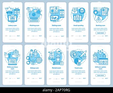 Types d'escroquerie l'écran page d'application mobile référencement linéaire avec des concepts. Email spoofing. Dix étapes walkthrough instructions graphiques. Billet d'avion, l'escroquerie. U Illustration de Vecteur