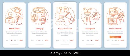 La prévention de l'Escroquerie l'écran page d'application mobile référencement modèle vectoriel. Procédure pas à pas de site web avec illustrations linéaire. Recherchez en ligne. UX, l'interface utilisateur, sma GUI Illustration de Vecteur