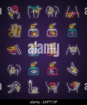 Épilation à lumière néon icons set. Féminin, masculin procédure d'enlèvement de cheveux. Froid, cire chaude en pot avec la spatule. L'épilation de l'équipement. Cosmétique professionnelle. Glo Illustration de Vecteur