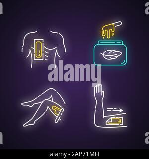 Épilation douce lumière néon icons set. Poitrine, bras, jambe avec des bandes d'enlèvement de cheveux. Cire froide dans le bocal. Femme, corps de l'homme l'épilation. Cosmétique professionnelle. Glo Illustration de Vecteur