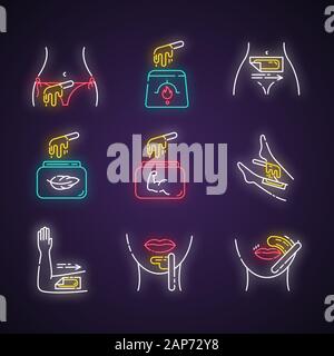 Épilation à lumière néon icons set. Bikini, jambe, lèvre supérieure, menton l'épilation. Froid, cire chaude en pot avec la spatule. L'épilation de l'équipement. Cosmétique professionnelle Illustration de Vecteur