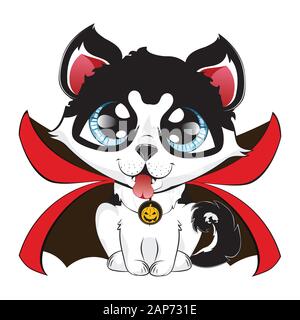 Caricature d'usure Husky Sibérien, manteau de vampire Halloween cute dog. Illustration de Vecteur