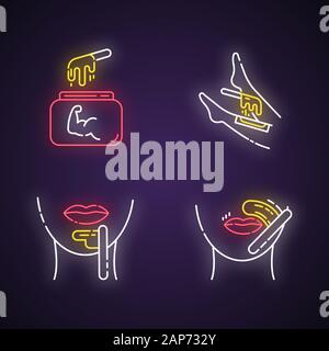 Cire dure neon light icons set. Shin, le menton, la lèvre supérieure de l'épilation. Cire naturelle à froid dans le bocal. L'épilation du visage, des cheveux de corps. Cosmétiques soins de beauté Illustration de Vecteur