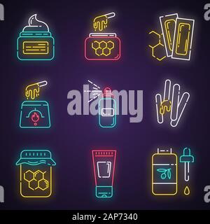 Matériel de fartage neon light icons set. Bandes de cire miel chaud naturel avec la spatule. Outils d'enlèvement de cheveux. Body Lotion, spray, de l'huile pour l'épilation. Glowing Illustration de Vecteur