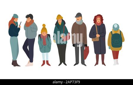Foule de gens habillés en vêtements d'isolé sur fond blanc. Groupe d'hommes, de femmes et d'enfants portant des vêtements d'hiver. Télévision cartoon vector illus Illustration de Vecteur