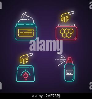 Cire naturelle neon light icons set. Chaud, doux, le miel de la cire dans un bocal. L'équipement d'enlèvement de cheveux. Spray pour l'épilation. Cosmétiques soins de beauté professionnels Illustration de Vecteur