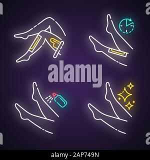 L'épilation des jambes neon light icons set. Shin l'épilation à froid naturel, cire chaude. Corps de femme l'épilation comme suit. Traitement de beauté professionnels à Illustration de Vecteur