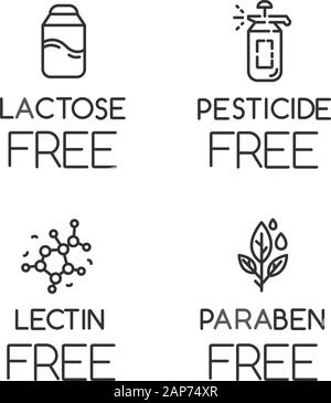 Ingrédient produit gratuitement icons set linéaire. Pas de lactose, pesticide, lectine, sans paraben. Les produits pharmaceutiques non chimiques. Fine ligne contour des symboles. Ve isolés Illustration de Vecteur