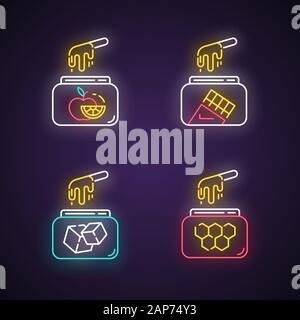 La cire froide Dur neon light icons set. Fruits naturels, sucre, miel, cire au chocolat en pot avec la spatule. L'équipement d'enlèvement de cheveux. Outils pour l'épilation. G Illustration de Vecteur