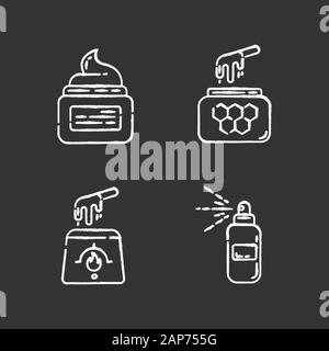La cire craie produits icons set. Chaud, doux, le miel de la cire dans un bocal. L'équipement d'enlèvement de cheveux. Spray Corps pour l'épilation. Traitement de beauté professionnels cosmeti Illustration de Vecteur