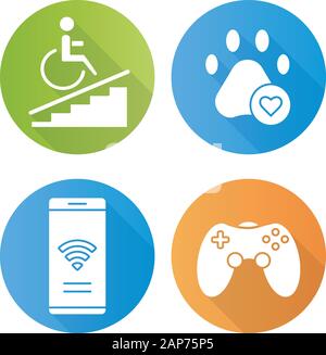 Apartment amenities modèle plat long shadow glyphe icons set. Accès aux personnes à mobilité réduite, animaux domestiques admis, salle de jeux, d''une connexion Wi-Fi gratuite. Les commodités offertes par l'établissement. Quartier résidentiel Illustration de Vecteur