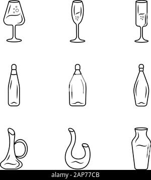 Winery verrerie icons set linéaire. Partie bar, restaurant décanteurs, bouteilles, verres fine ligne contour des symboles. Types de vin. Fait paraître le vecteur isolé Illustration de Vecteur