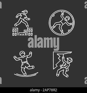 Chalk sports extrêmes icons set. Parkour, traversant les obstacles. "Zorbing", globe-équitation. Slackline, équilibre de la formation. La descente en rappel, la descente en rappel. Mountainee Illustration de Vecteur