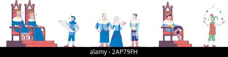 Des monarques médiévaux et fonctionnaires télévision illustrations vectorielles. Roi historique,queen, prince, Herald et jester personnages isolés fait paraître avec Illustration de Vecteur