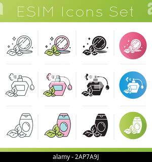 Cosmétiques biologiques icons set. Parfum, parfum. Gel douche, gel douche. Poudre maquillage appuyé. Eco Les produits de beauté. Modèle plat, linéaire, noir et c Illustration de Vecteur