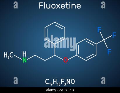 La fluoxétine, la molécule est de l'Antidépresseur inhibiteur sélectif du recaptage de SSRI. Formule chimique structurel sur le fond bleu foncé. Ve Illustration de Vecteur