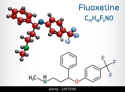 La fluoxétine, la molécule est de l'Antidépresseur inhibiteur sélectif du recaptage de SSRI. Formule chimique structurale et molécule modèle. Vector illu Illustration de Vecteur