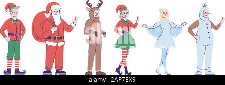 Les gens qui portent des costumes de Noël télévision illustrations vectorielles. Les personnages de dessins animés avec les contours des éléments isolés sur fond blanc. X-mas de fête Illustration de Vecteur